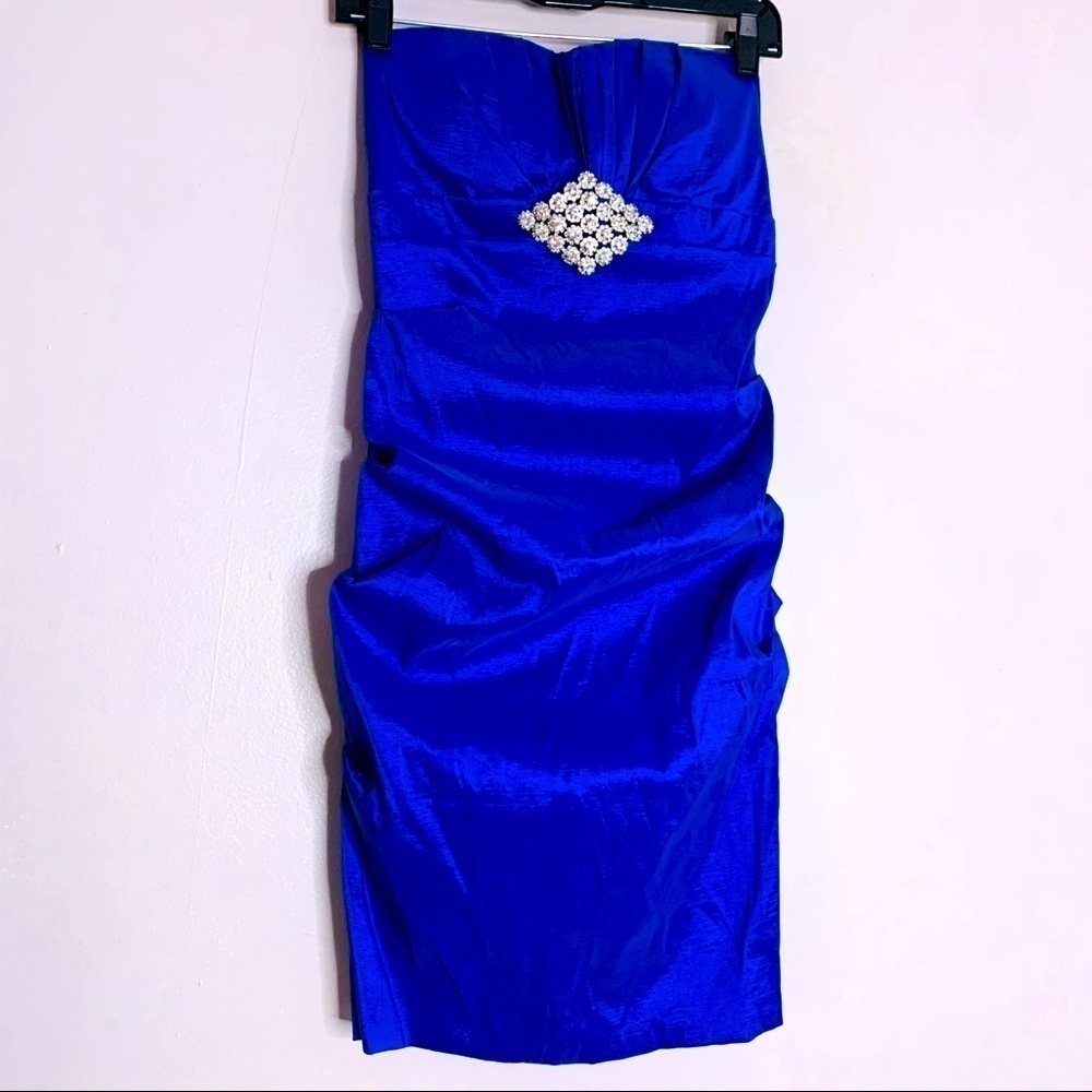 TAWNY Strapless queen of the night ruched sweetheart mini dress large royal blue